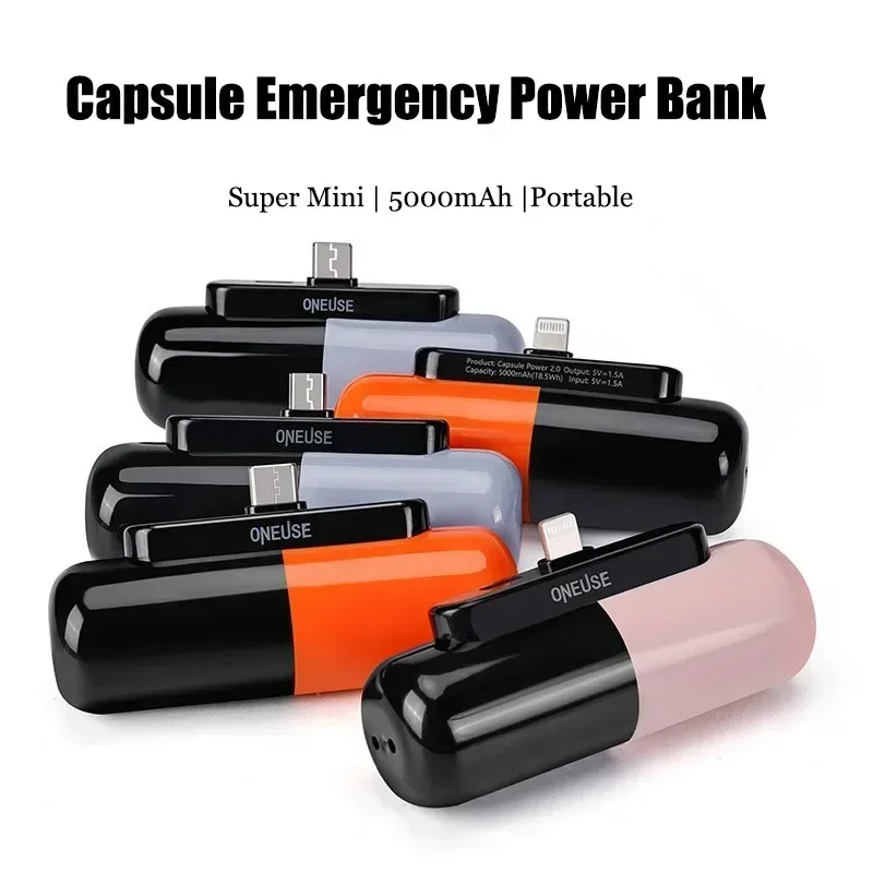 5000mAh Mini Capsule Power Bank Fast Charging Mobile Power Supply Emergency Outdoor Portable External Battery for Type-c IPhone