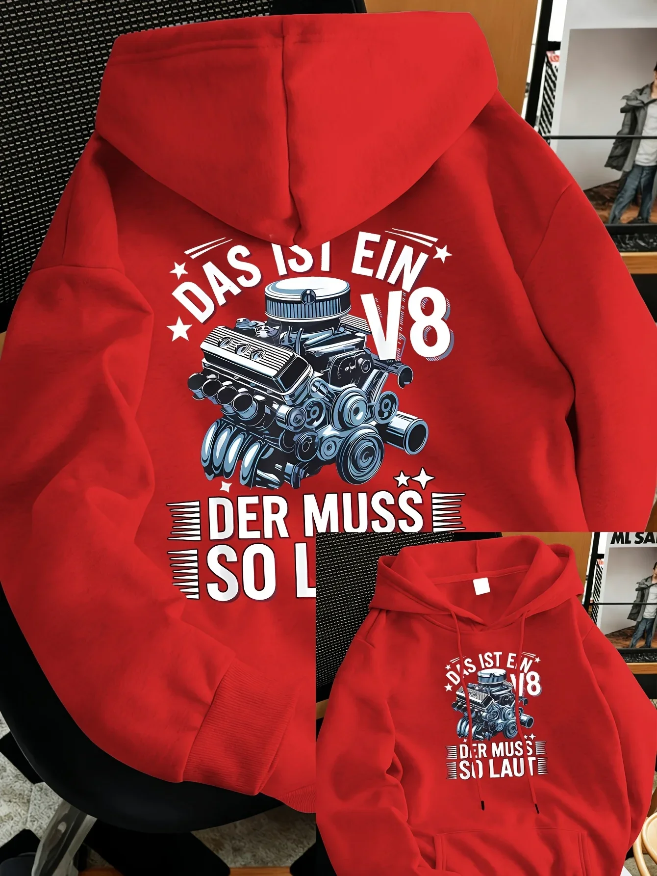 Men's Graphic Hoodie Black German V8 Engine Artwork Print Casual Versatile Oversized Long Sleeve Sweatshirt Suitable for Daily