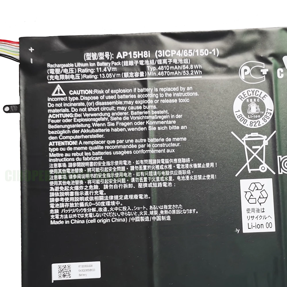 CP Laptop Battery AP15H8I 11.4V/54.8Wh/4810mAh For One Cloudbook 1-431 Aspire One 14 One 1-431M 3ICP4/65/150-1 One 14 A01-431