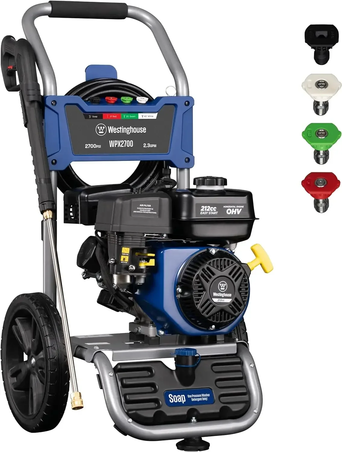 

WPX2700 Gas Pressure Washer, 2700 PSI & 2.3 Max GPM, Onboard Soap Tank, Spray Gun & Wand, 4 Nozzle Set USA