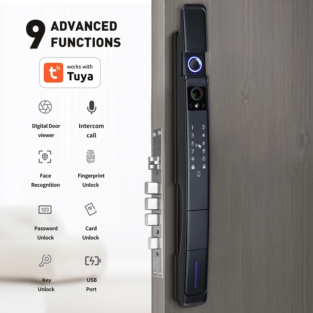 IP64 Waterproof Fully Automatic Digital Fingerprint Face door lock Wifi Tuya App Biometric 3D Face Recognition Smart Lock