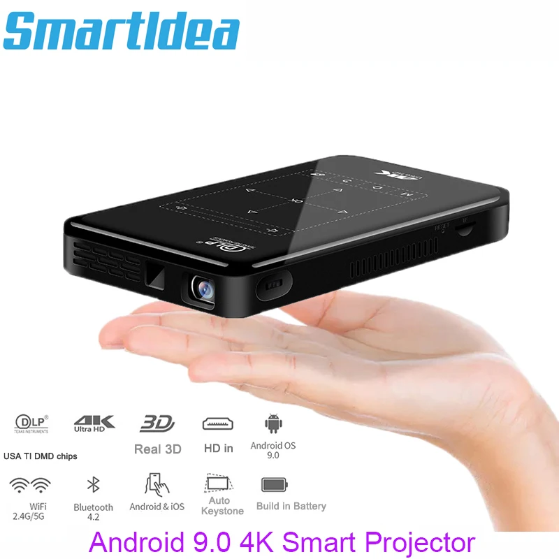 Smartidea-ミニ3DLEDプロジェクター,バッテリー9.0 mAh,Android 5000,wifi,bt,dlp,1080p,bamer,Airplay,miracastをサポート