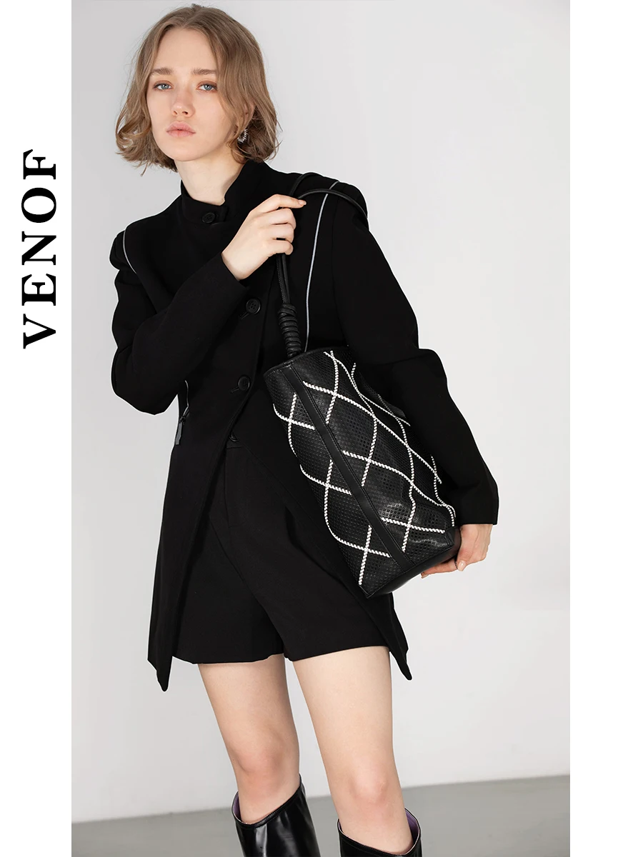 VENOF Cowhide Single Shoulder Bucket Bag 100% Soft Cowhide Large Capacity Women\'s Shopping Bag Female Tote Bag Ladies Bag Brand