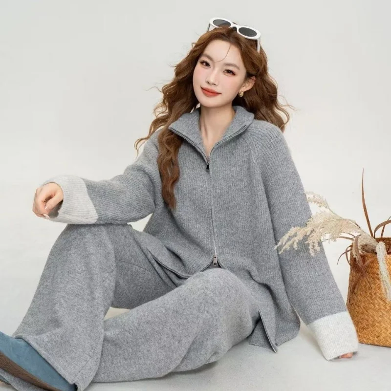 

Осень/зима, новый корейский стиль, свежие студенческие вязаные джоггеры с длинными рукавами и цветными блоками, простой комплект офисной одежды для женщин