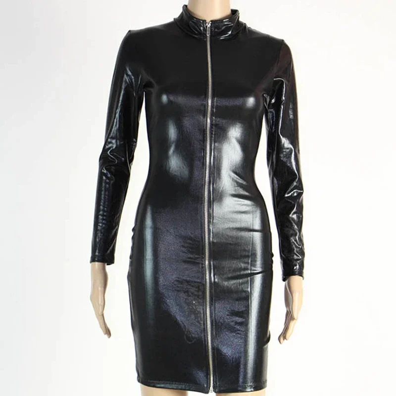 Lange mouw hoge nekband zip back lace up stretch kunstleer jurk dames zwarte bandage bodycon pu jurken club party kostuum