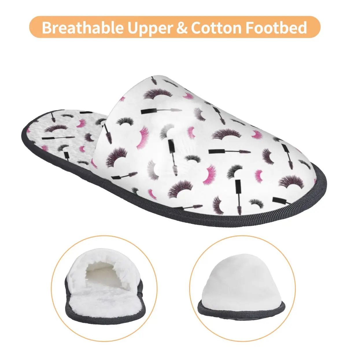 Custom Lashes And Mascara With Pink Glitter Pattern Slippers Memory Foam Warm Soft Women House Slipper Indoor Cozy Shoes - view 4