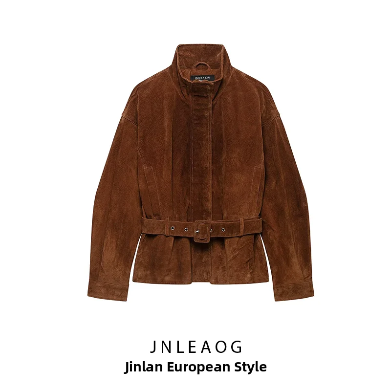 JNLEAOG Women's Leather Jacket with Belt Stand Collar Short Coat European Style Polyester Fiber Long Sleeve Autumn New Arrival
