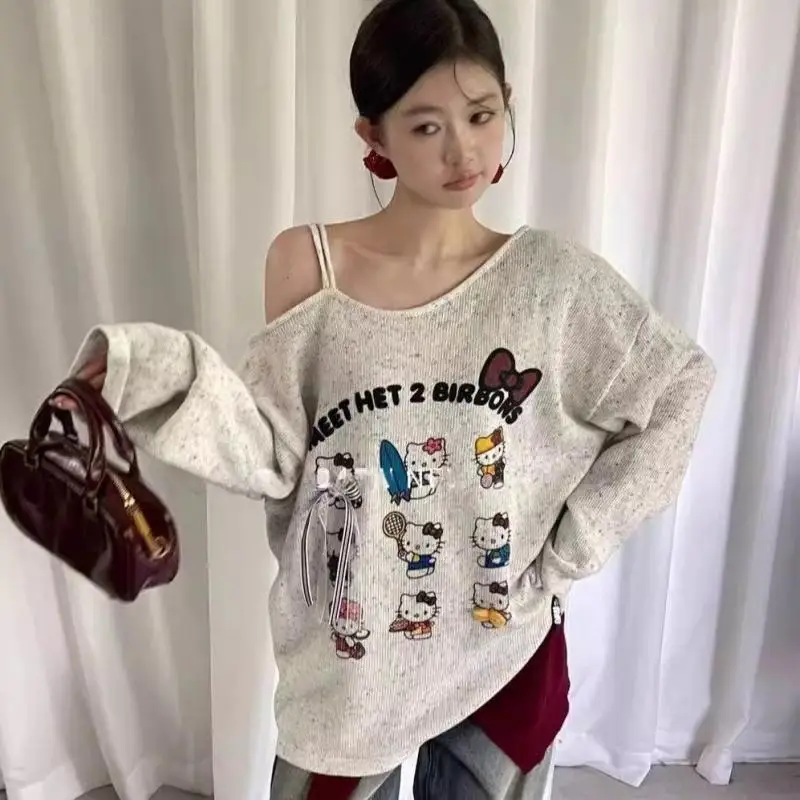 Hot Sanrio Girl Leisure Time Sweater Spring T-Shirt Kawaii Hello Kitty Comic Sunscreen Versatile Strapless Lining Tops New Kit