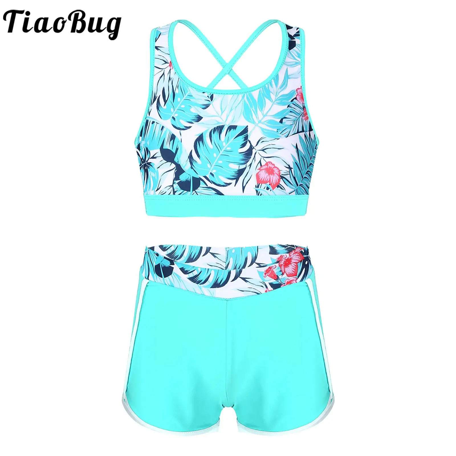 

Kids Girls 2Pcs Swimsuit Outfits U Neck Swim Vest Crop Tops with Boyshorts Shorts Briefs Swimwear Bathing Suit Pool Beachwear