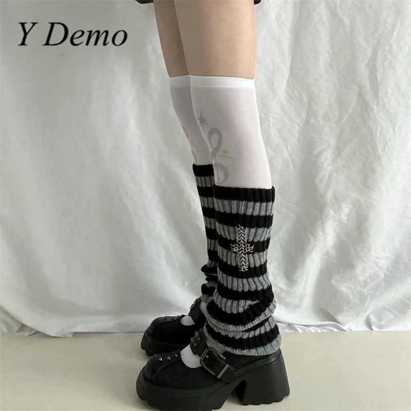 Y Demo Y2k Striped Pile Socks Harajuku Women Chainmail Cross Stretchy Knitted Leg Warmers