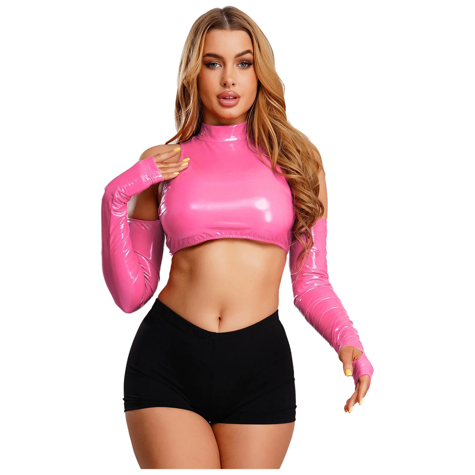 Women Glossy PU Backless Crop Top Cold Shoulder Long Sleeve Leather T-Shirt Tops Clubwear for Dance Rave Party Music Festival