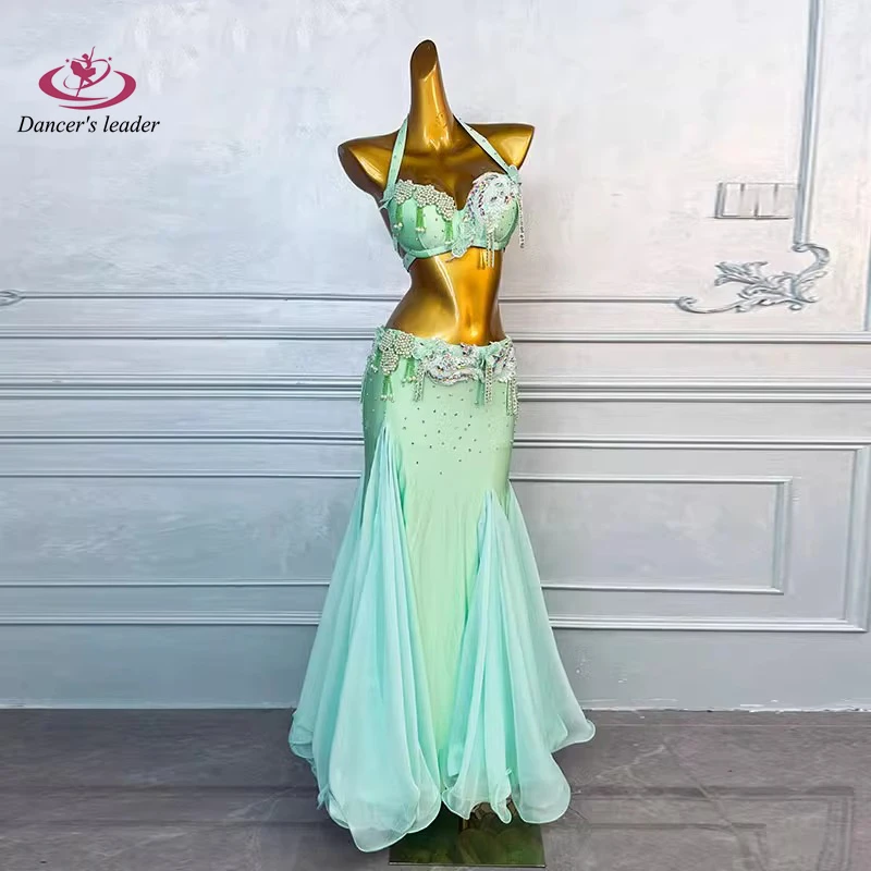 Belly Dance Table Performance Practice Costume Women's Oriental Dance Long Dress Mesh Hot Drilling Costume suit