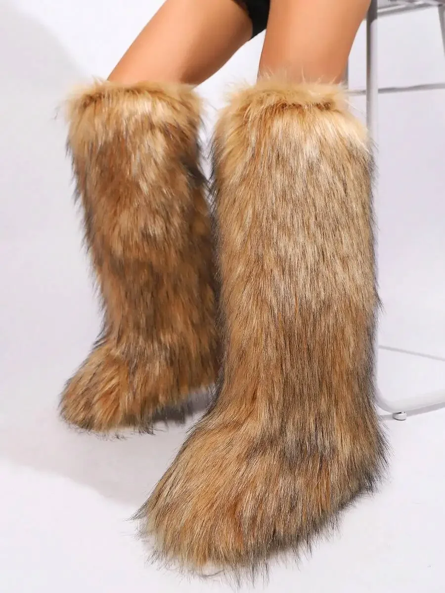 Womens Faux Fur Knee-High Flat Boots Slip-On Round Toe Winter Snow Boots