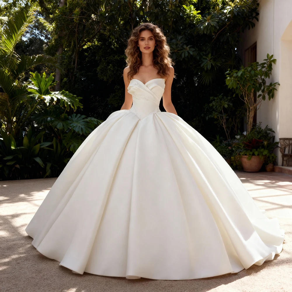 

High Quality Satin Wedding Dresses for Parties Ruched Pleated Bridal Dress for Photo Shoot Woman Ceremony Dress Elegant Gowns