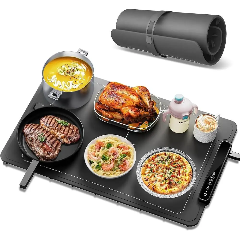 Electric Food Warming Mat Silicone Heating Tray 3 Temperature Modes Compact Rollable Design 3 Hour Auto Shut Off Safe Usage