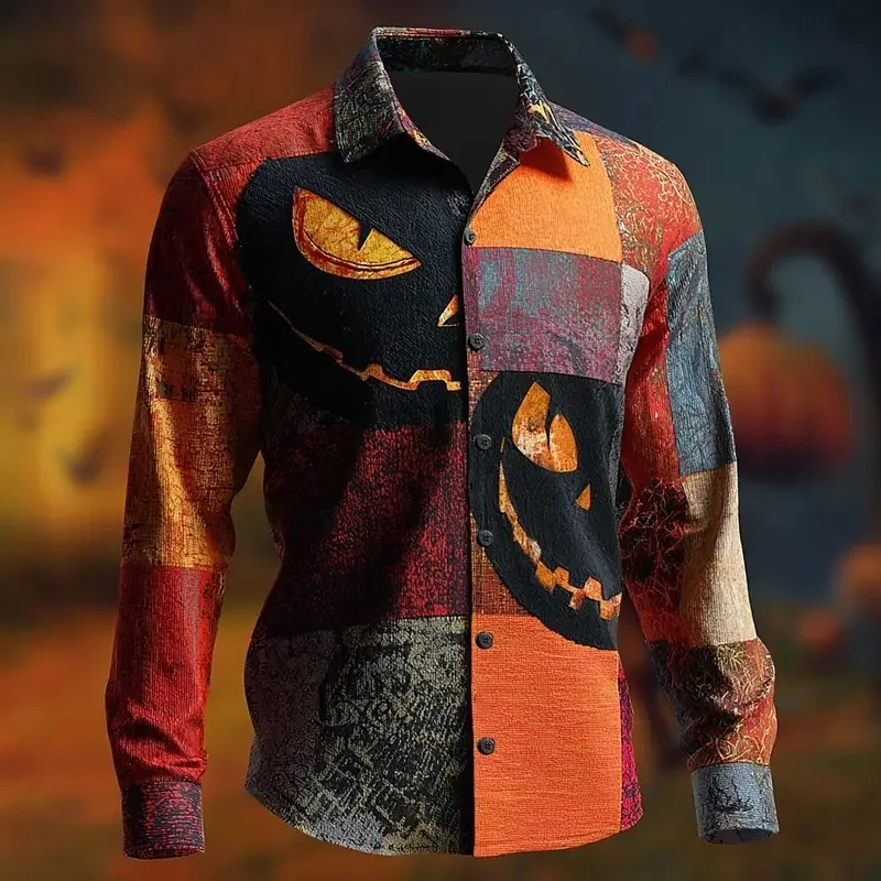 Halloween men's pumpkin shirt, button-front shirt, long-sleeved, casual outdoor 3D printed collar shirt.