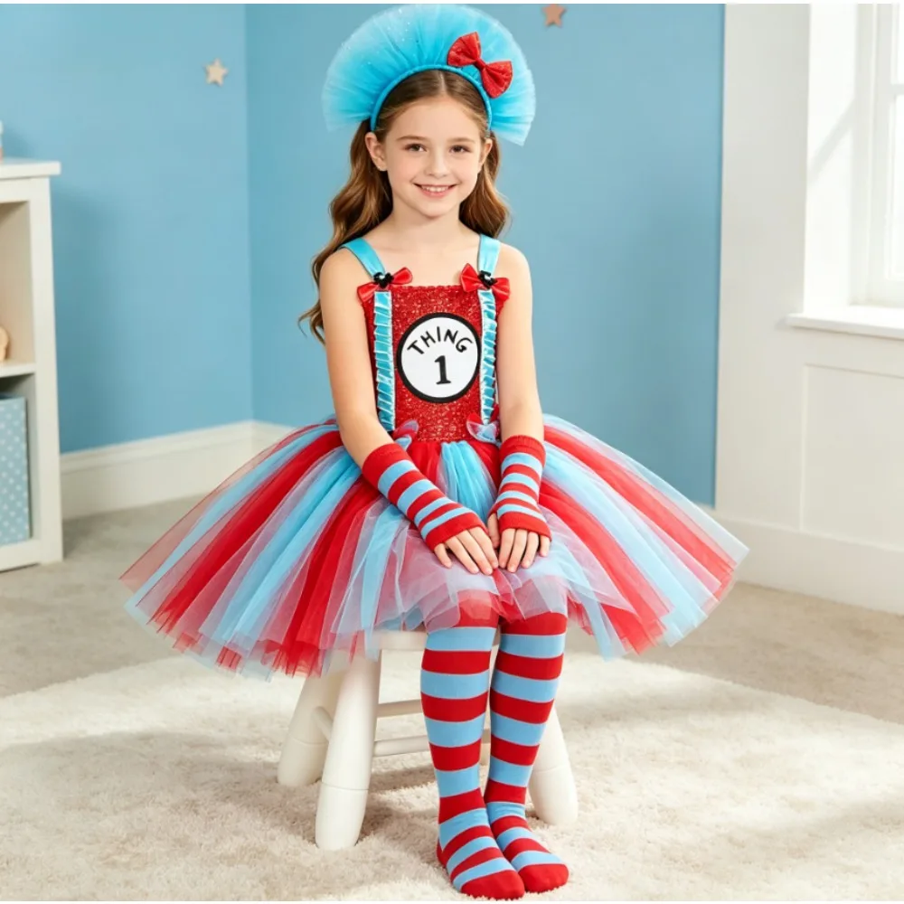 Thing Blue and Red Color Block Striped Unique Design Tulle Tutu Dress With Accessories Outfit For Halloween Party Role Play Wear