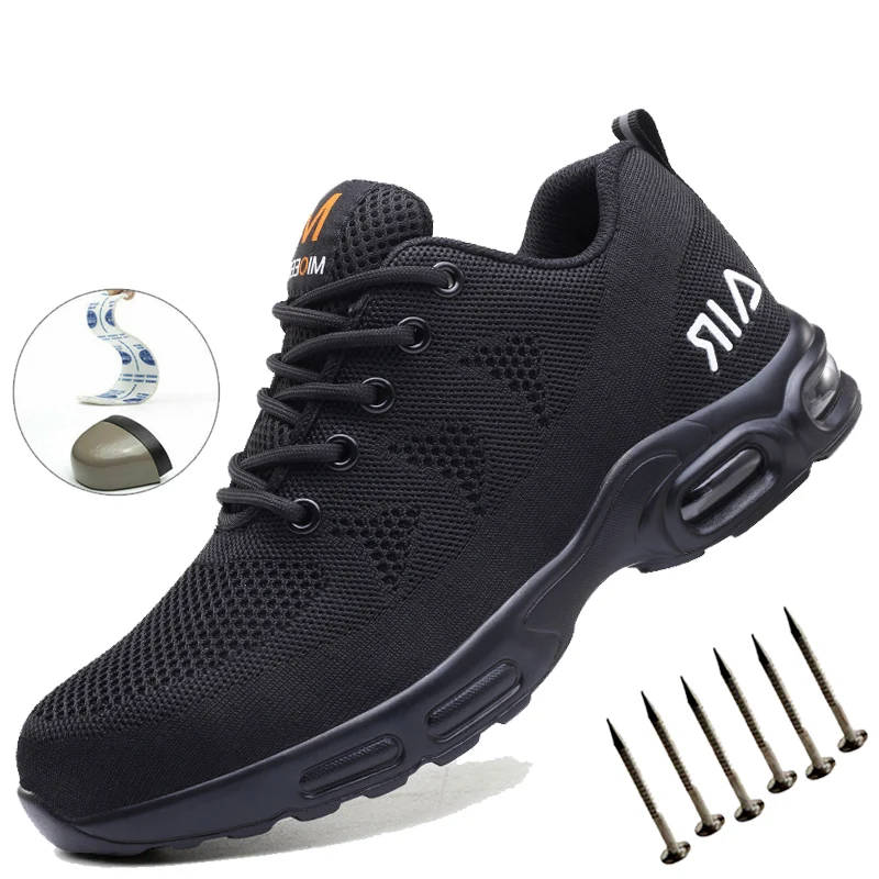 Work Safety Shoes For Men Women Air Cushion Breathable Work Sneakers Steel Toe Shoes Anti-puncture Safety Protective Black Shoes