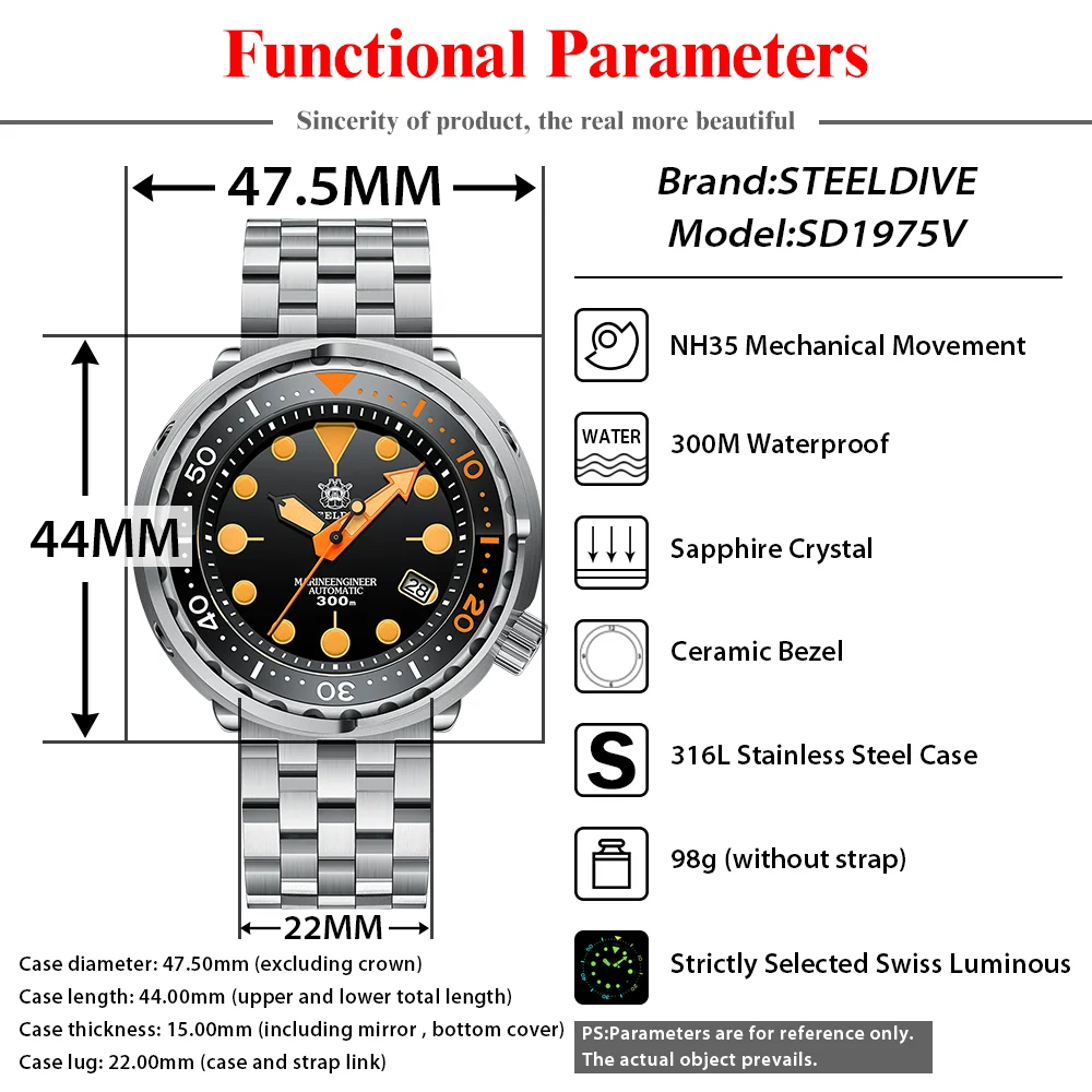 NEW Tuna Luxury Dive Wristwatches STEELDIVE SD1975V 30Bar Waterproof Swiss Super Luminous NH35 Fashion Mechanical Watch For Men