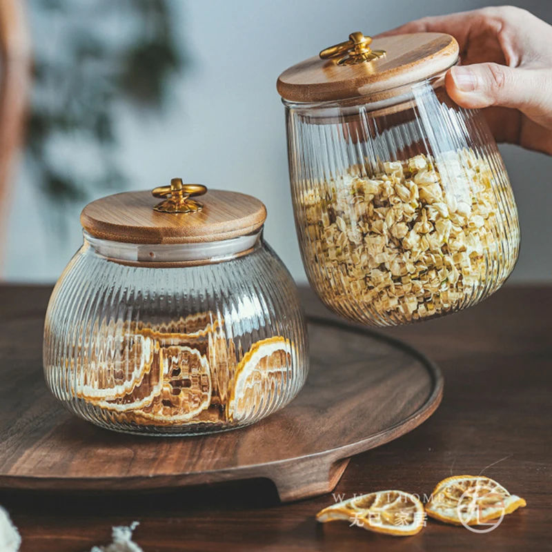 

Large-capacity Copper Ring Vertical Grain Glass Tea Can Household Bamboo Lid Sealed Coffee Storage Tea Snack Biscuit Storage Can