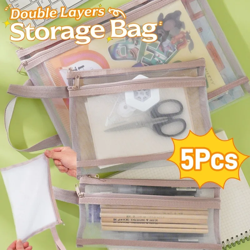 5Pcs Double Layers Mesh Storage Bag High Capacity Zipper Nylon Bag Test Paper Information Bag Office Scrapbook Bills Organizer