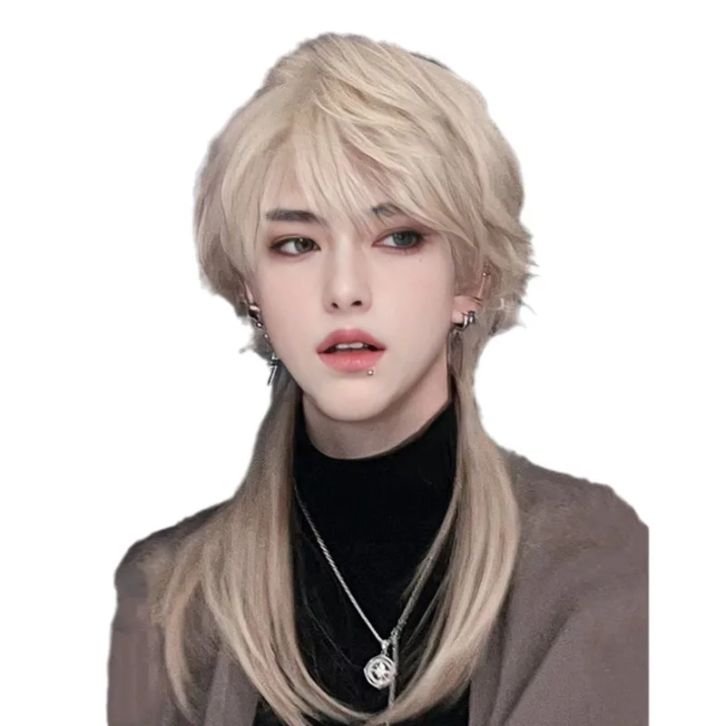 남성용 보조 코스 늑대 꼬리 가발, 숭어 머리 스타일링, 중간 길이 머리, 후미 꼬리