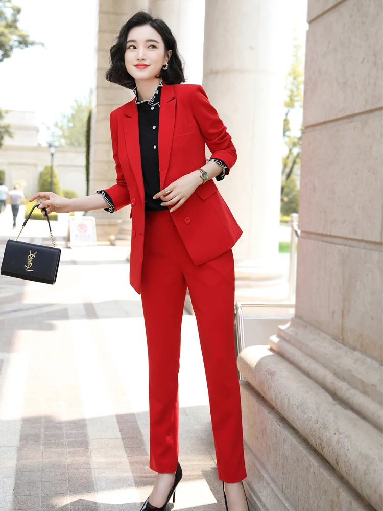 Two Pieces Set Size  Formal Work Career Blazer Coat With Pant Set Suit Red Dark Blue Black Women Pant Suit