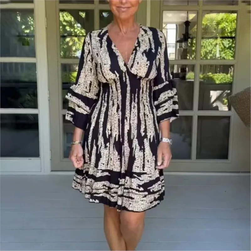 Chic Vintage Midi Dress Fashion Casual a maniche svasate Slim a vita alta Beach Boho Dress eleganti donne con scollo a V stampa abiti da festa