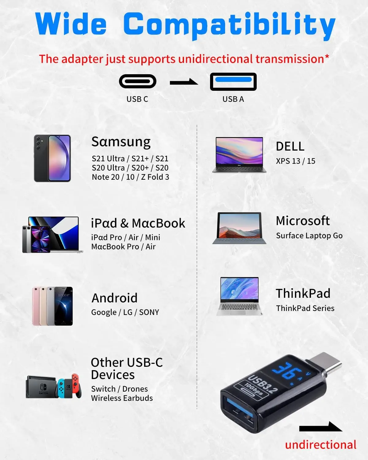 Paquete de 2 adaptadores USB C a USB A con pantalla digital LED, adaptador USB C macho a USB hembra de 10Gbps, USB C no direccional a USB 3.2