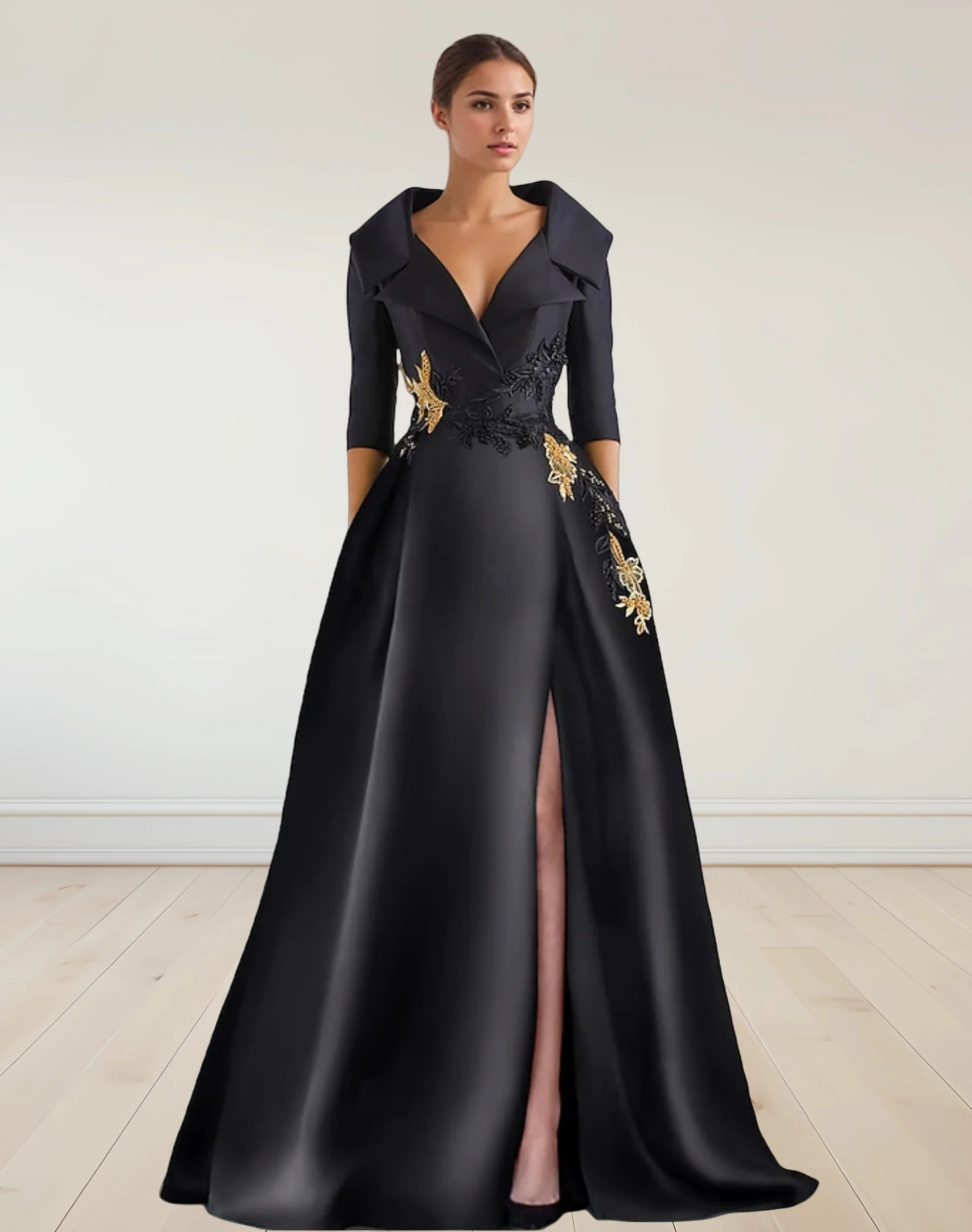 

A-Line Vintage Evening Gown Elegant Satin Dress Formal Floral Floor Length 3/4 Length Sleeve with Appliques 2024