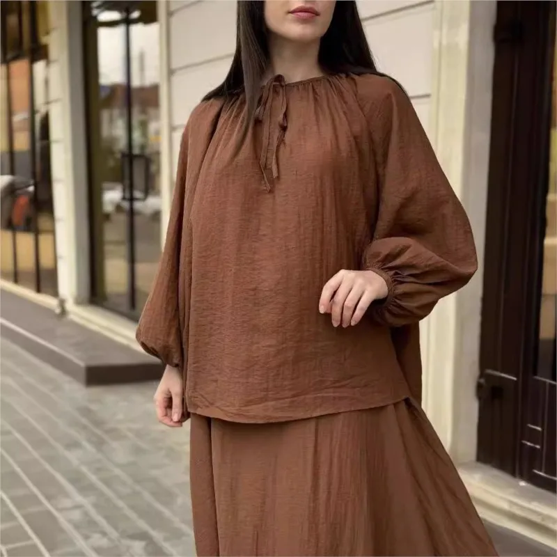 Women\'s Suit 2024 Spring New Casual Loose Skirt Suit Puff Sleeve Loose Top Sweeping Skirt 2-piece Set Womens 2 Piece Outfit Set