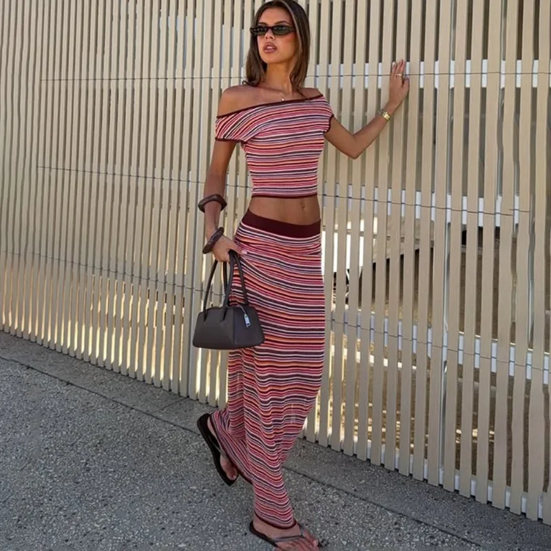 

Tuularose Women's Knit Skirt 2-piece Set Vintage Striped Sleeveless Knit Top Slim Maxi Skirt Set Summer Elegant Female Dress Set