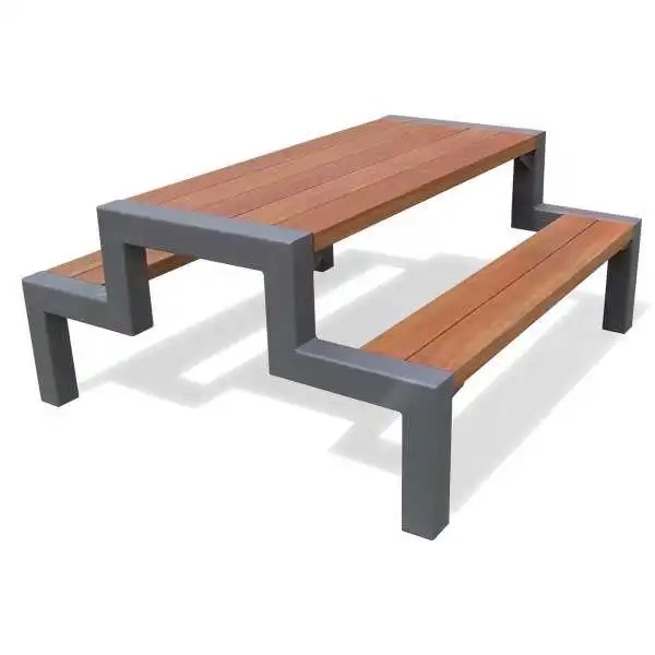 Outdoor Wood Table Benches Set Outside Public Patio Park Picnic Table
