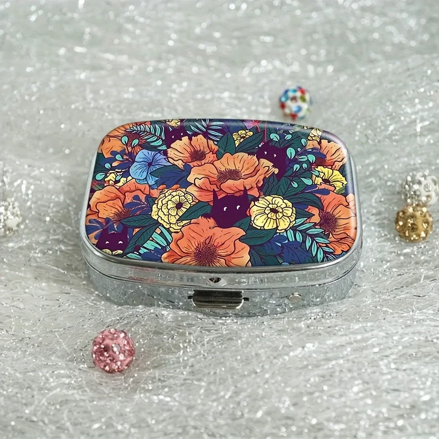 Wild Flowers Design, Decorative Pill Storage Box with 2 Compartments, Portable Pill Box for Pocket , Travel Vitamin Container