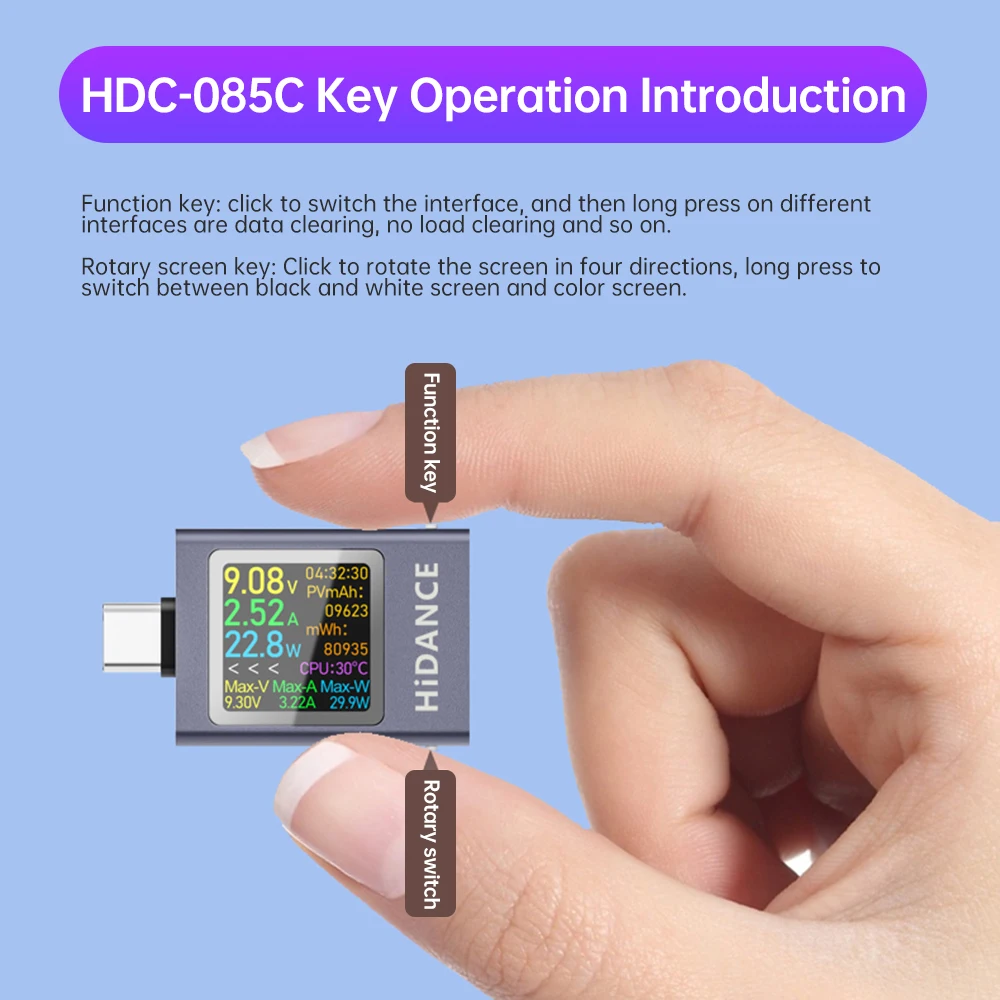 HDC-085C DC 4,5-50V 0-12A PD3.1 Multifunctioneel digitaal display DC-spanning Ampèremeter Vermogensmeter Type-c Mobiele telefoon Oplaadtester