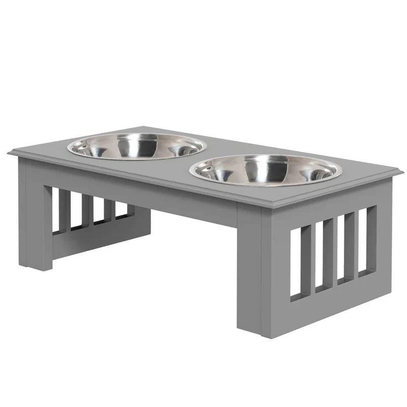 Station de nourrissage double pour chiens avec base antidérapante, bols surélevés gris pour nourriture et eau, capacité de 0,9 L chacun, support stable pour bols pour animaux de compagnie, idéal pour la cuisine ou la salle à manger.