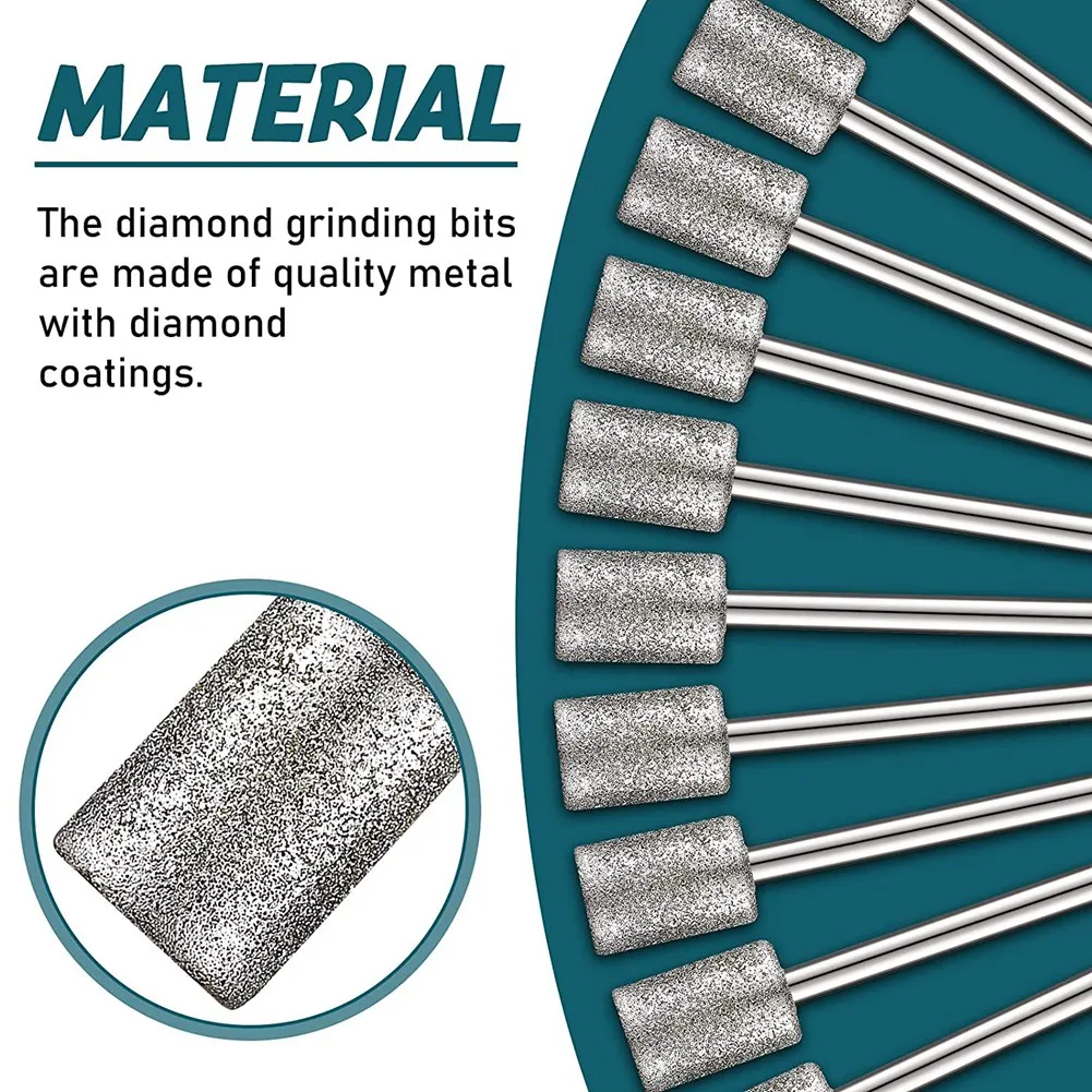 10 шт. Алмазные биты, алмазные шлифовальные сверла, головка 1/8 дюйма, хвостовик 8 мм, головка цилиндра, Алмазные биты для большинства роторных инструментов, шлифовальная машина