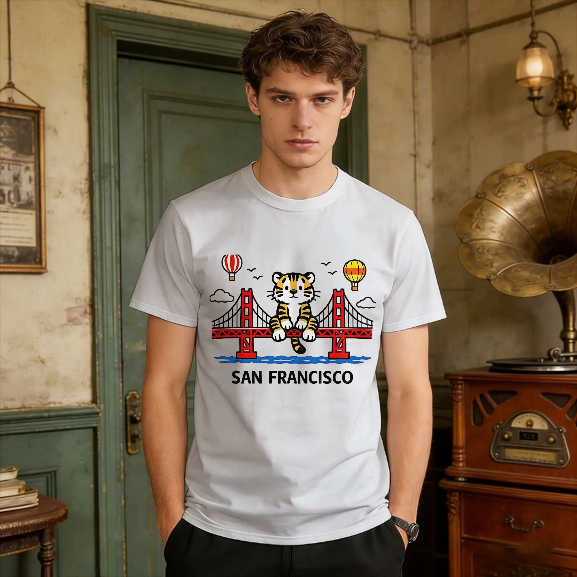San Francisco Cat Golden Gate Bridge Animal Lover  Cotton T Shirt For Man Summer Project Hail Mary Street Style T Shirts