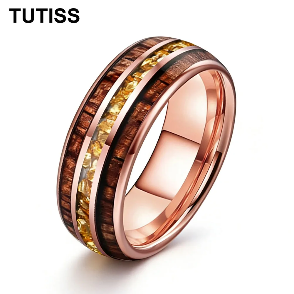 

Кольцо TUTISS из карбида вольфрама 6/8 мм с инкрустацией из гавайского дерева коа, золотистое, с кристаллами, обручальное, комфортная посадка