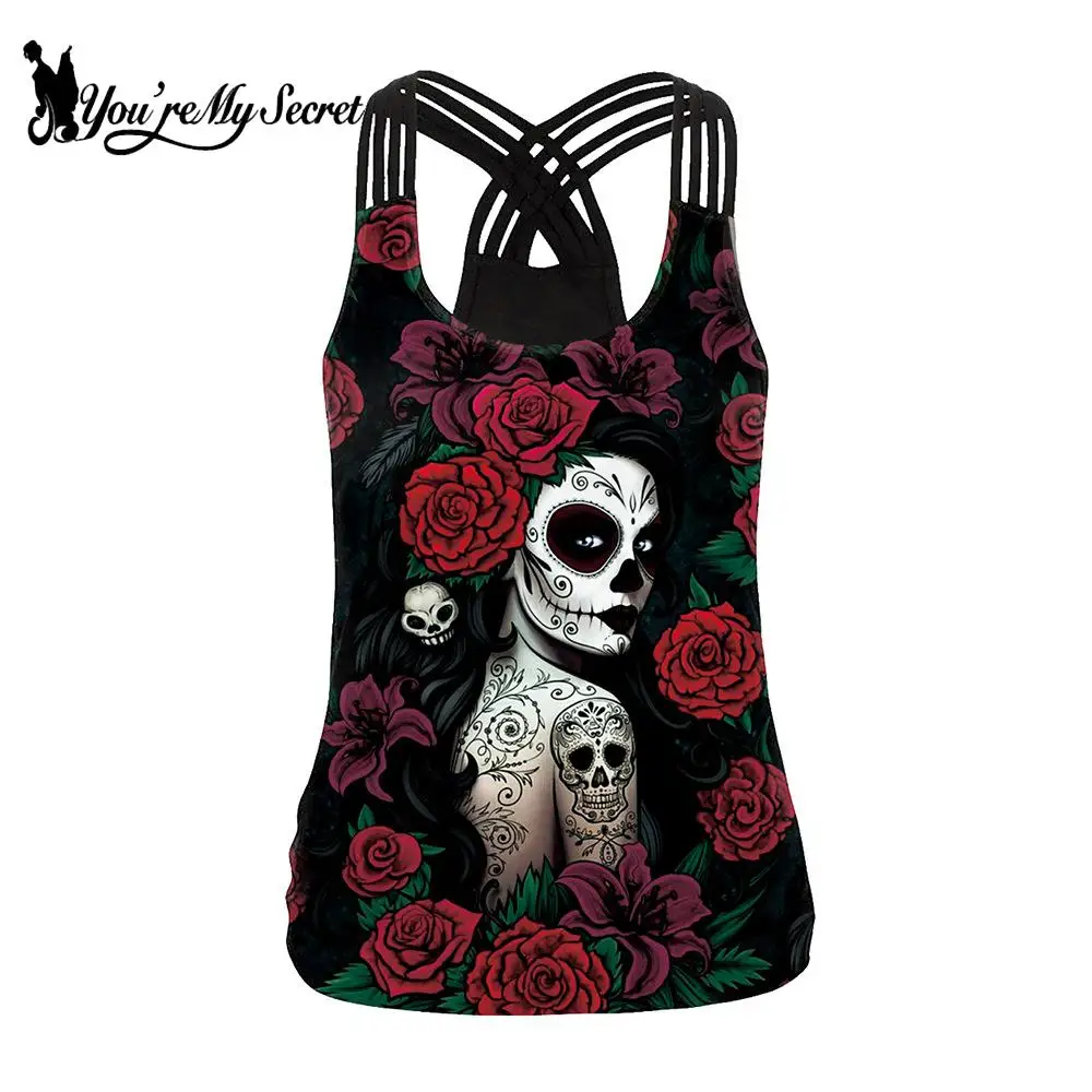 [You're My Secret] Steampunk 3D Skull Print Tank Tops Fashion Cut Out Back Streetwear Gothic Women Summer T-shirt Vest