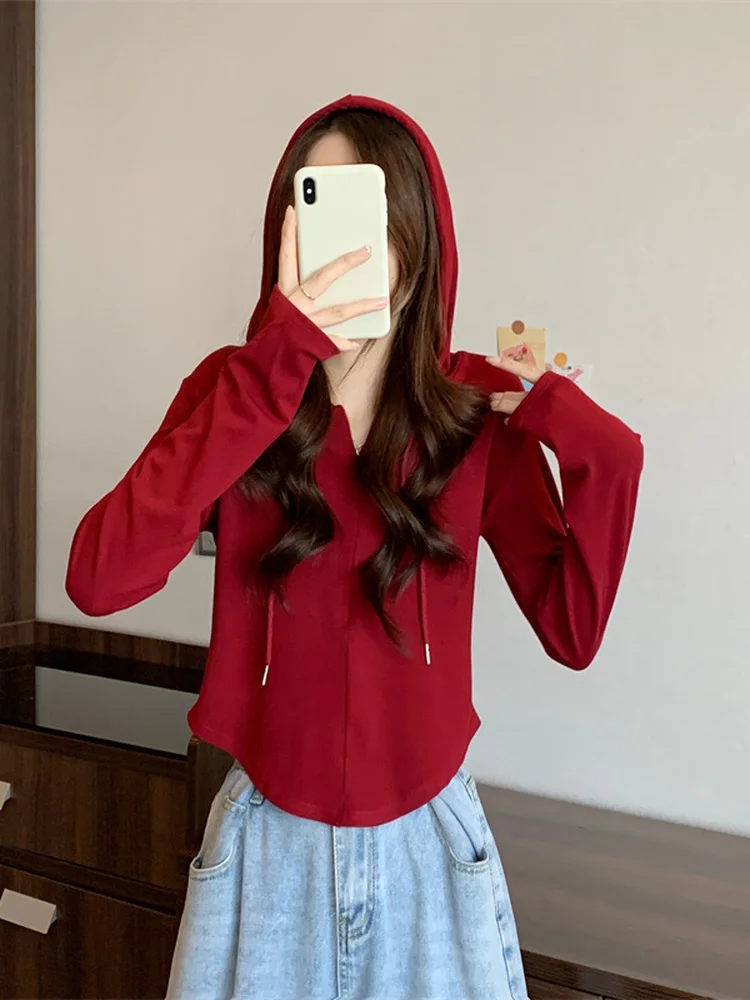 Fashionable Chinese Zodiac Year Clothes New Year Women's Short Sleeveless Hoodie Red Slim Fit Long Sleeve T-shirt Korean Style