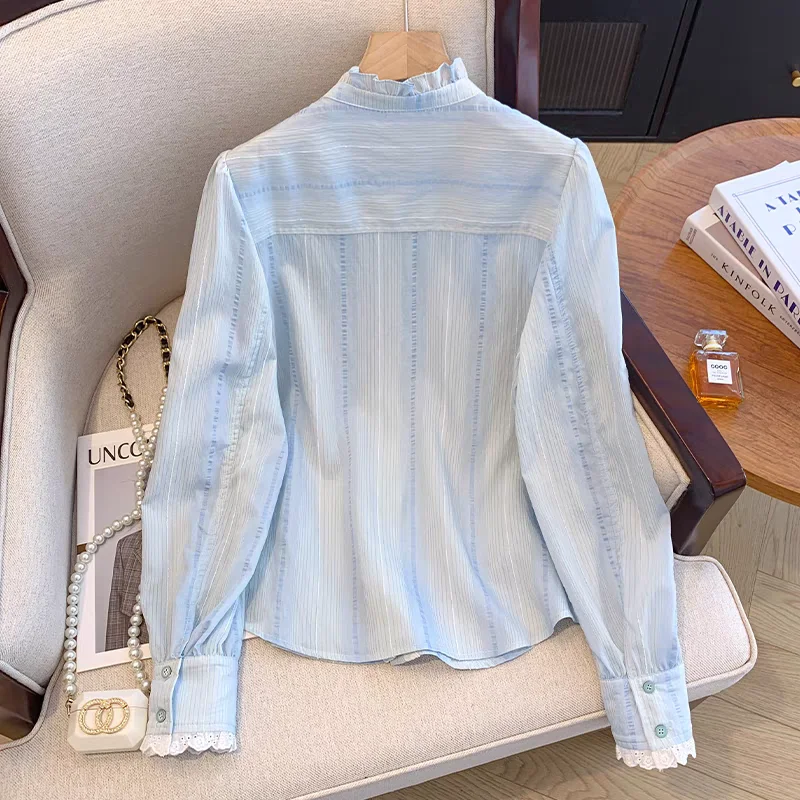 Women Spring Autumn Blue Chiffon Blouse Shirt Bowknot Lace Hem Long Sleeve Ruffled Mock Neck Tops Brand New Nice Student Clothes