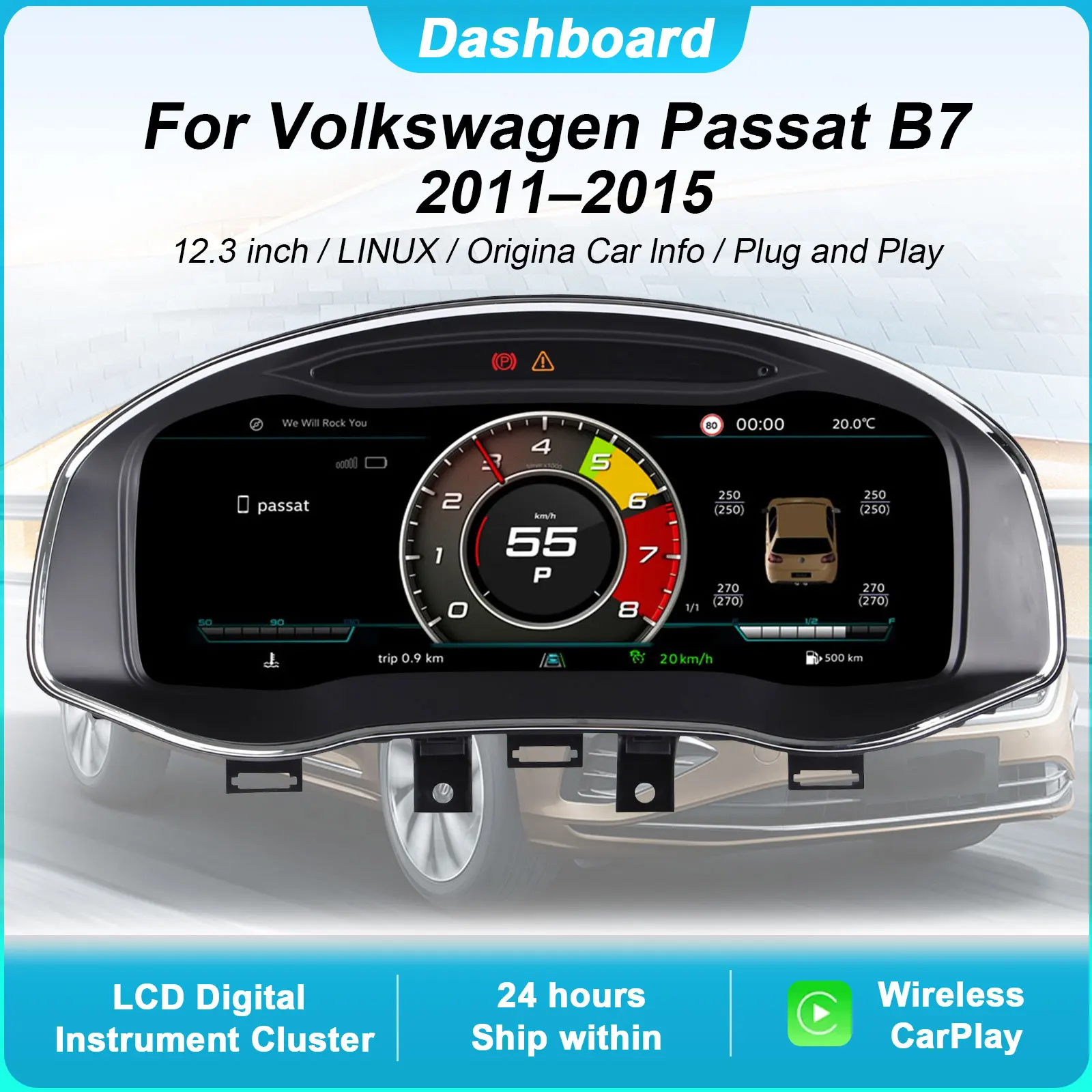 

Digital Instrument Cluster For Volkswagen Passat B7 2011-2015 Speedometer 12.3”HD screen1920*720/Supports CarPlay / Plug&Play