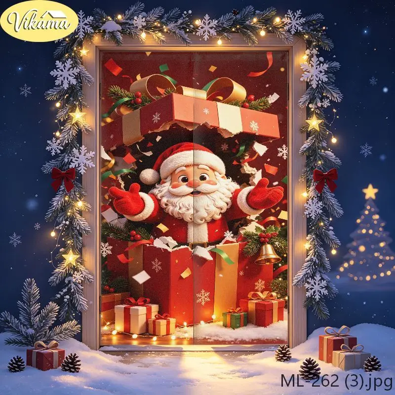VIKAMA Christmas Door Curtain Funny Santa Ice Fishing Penguins Gifts Door Hanging Home Winter Holiday Decor