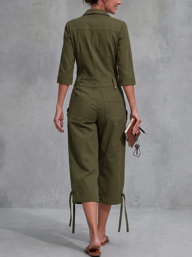 Yeezzi Women's Cargo Jumpsuits Lapel Zipper Half Sleeves Pockets Cropped Jumpsuit Casual Loose Fit Streetwear Wide Leg Overalls
