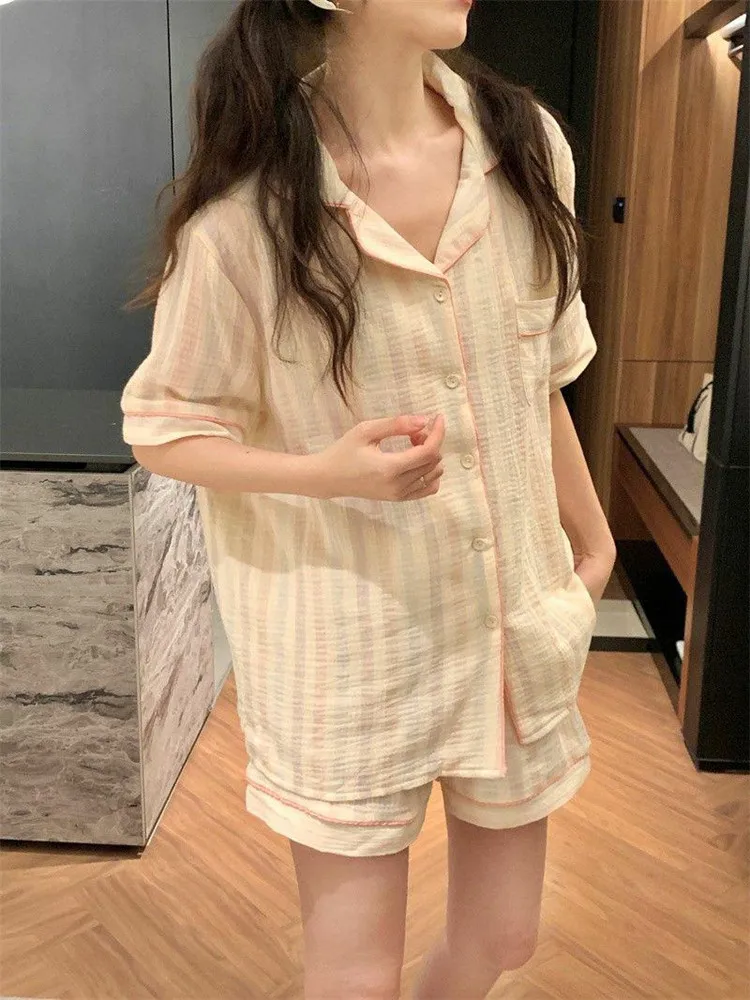 

Новинка 2023 года, женская летняя одежда из чистого хлопка ort Sve, открытый кардиган в полоску, милый повседневный комплект домашней одежды больших размеров