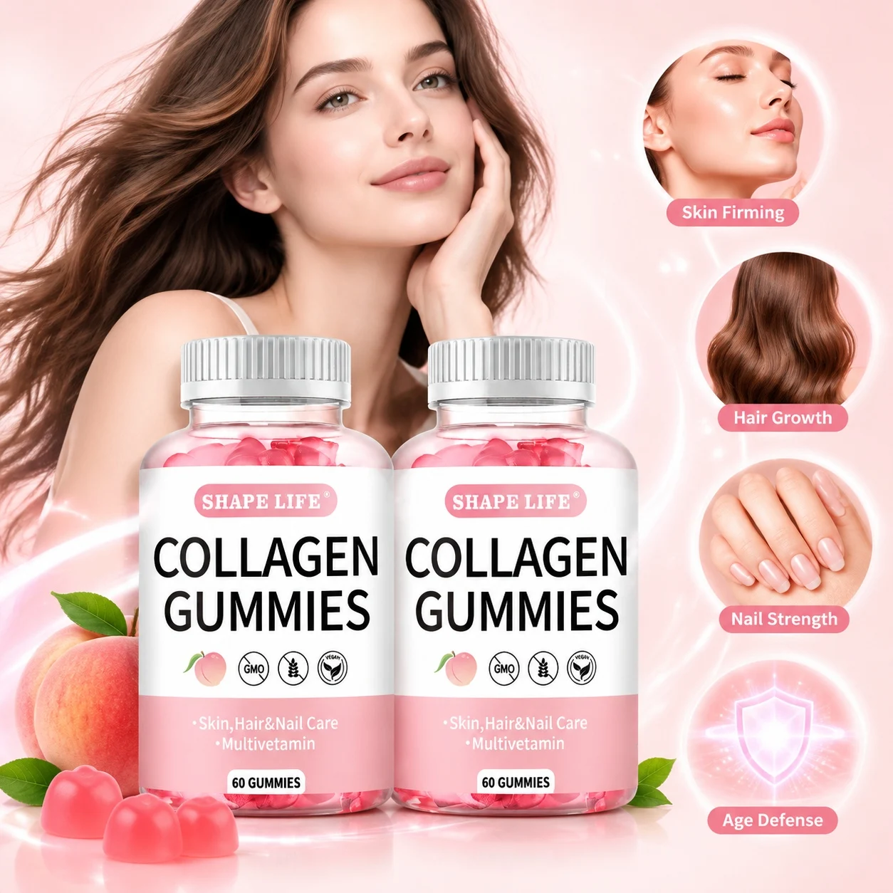 Collagen Gummies Skin Firming Hair Growth Nail Strength Age Defense Wrinkle Care Radiant Glow Skin Hydration Boost 60 Gummies