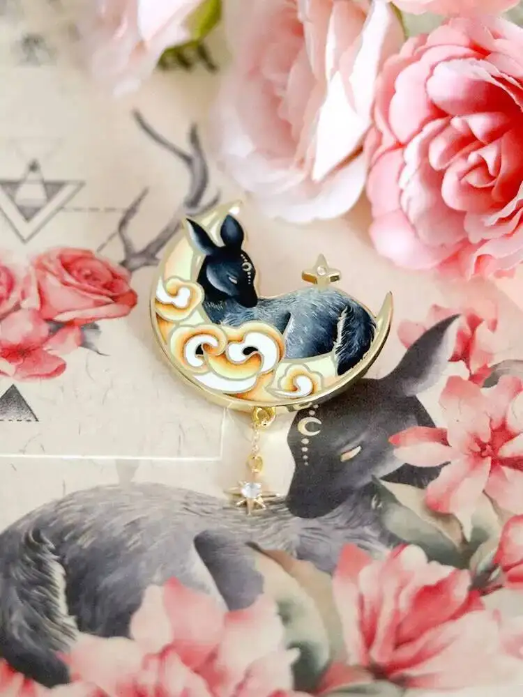 Vintage Moon Hare Enamel Brooch With Star Pendant Chinese Style Cloud Lapel Pin Fashion Jewelry Gift