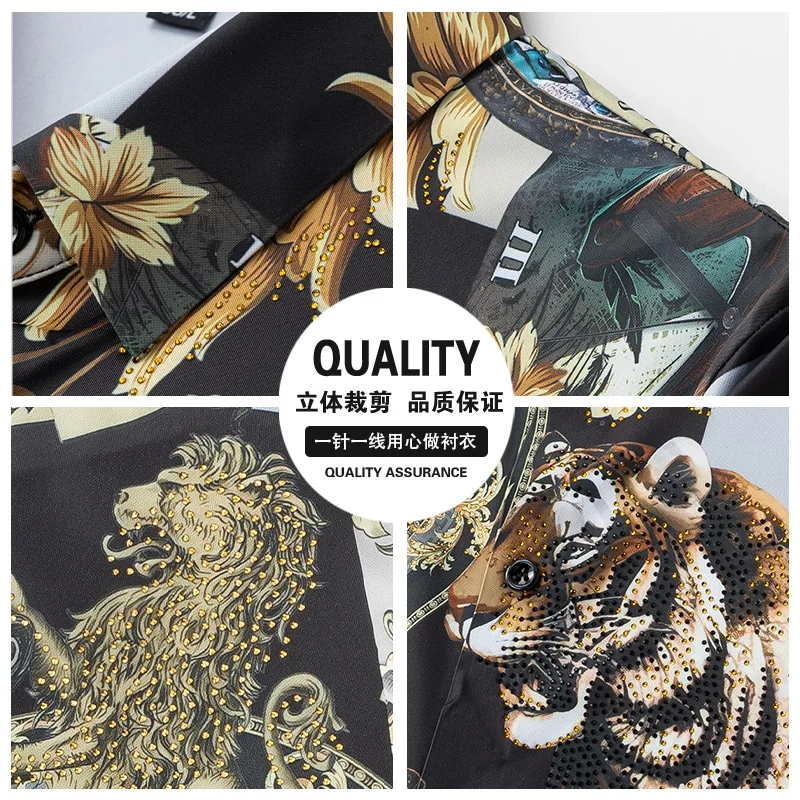 Luxury Rhinestone Shirt for Men Printed High-quality Long Sleeved Casual Shirts Social Party Business Social Dress Shirt 2025