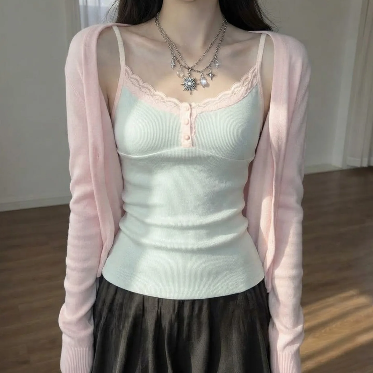 2026 New Sweet Ins Style Knit Cami Top Lace Trim Spliced Button Front Slim Fit Camisole Teen Dopamine Color Sleeveless Vest